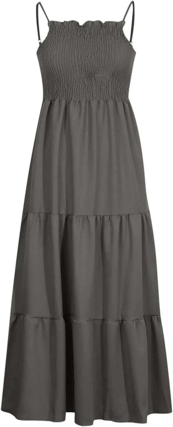 Women's Summer Maxi Dress 2025 Casual Boho Sleeveless Spaghetti Strap Smocked Tiered Long Beach Sundresses