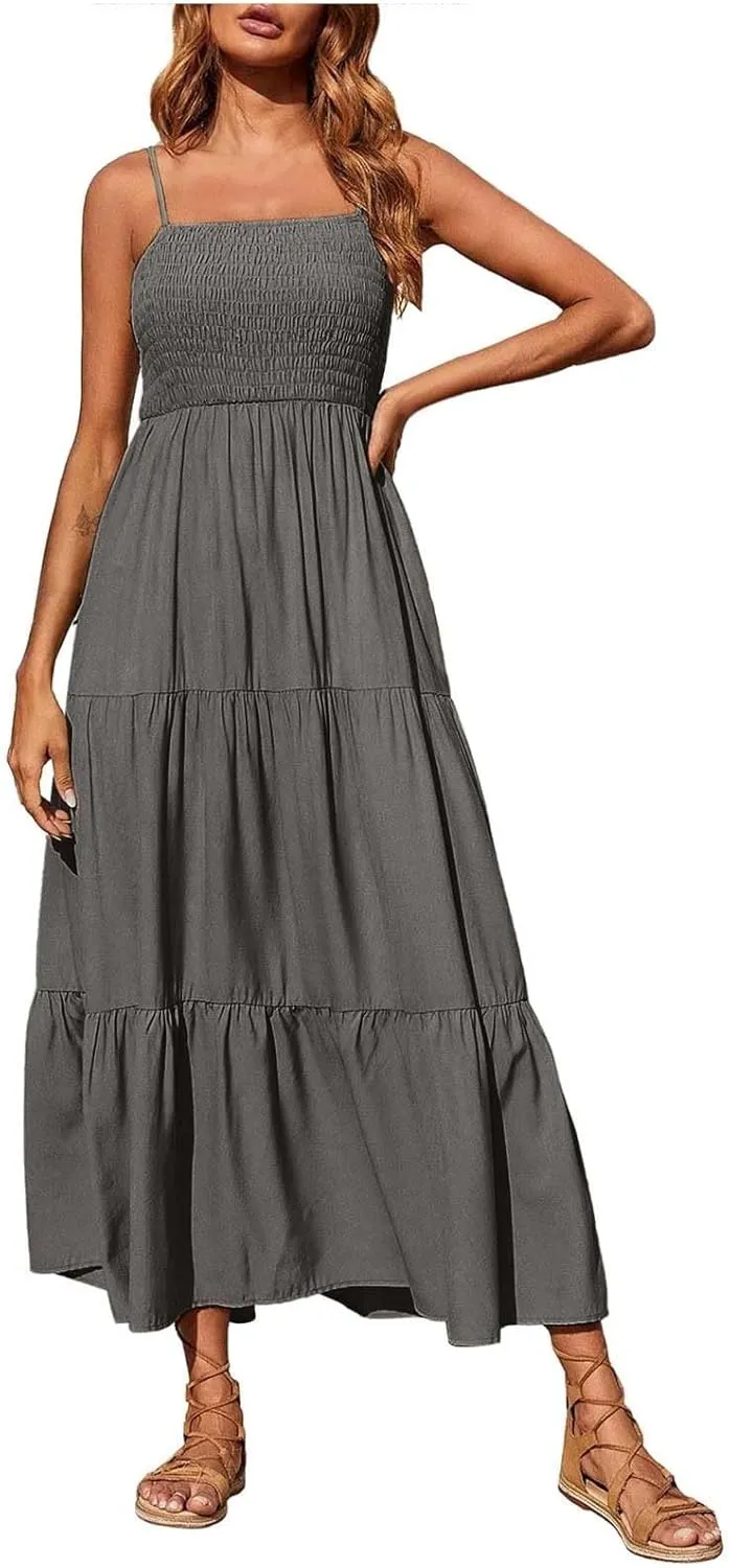 Women's Summer Maxi Dress 2025 Casual Boho Sleeveless Spaghetti Strap Smocked Tiered Long Beach Sundresses