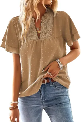 Womens Tops Butterfly Sleeve V Neck Blouses for Women Dressy Casual Flowy Swiss Dot Ruffle Short Sleeve Shirts