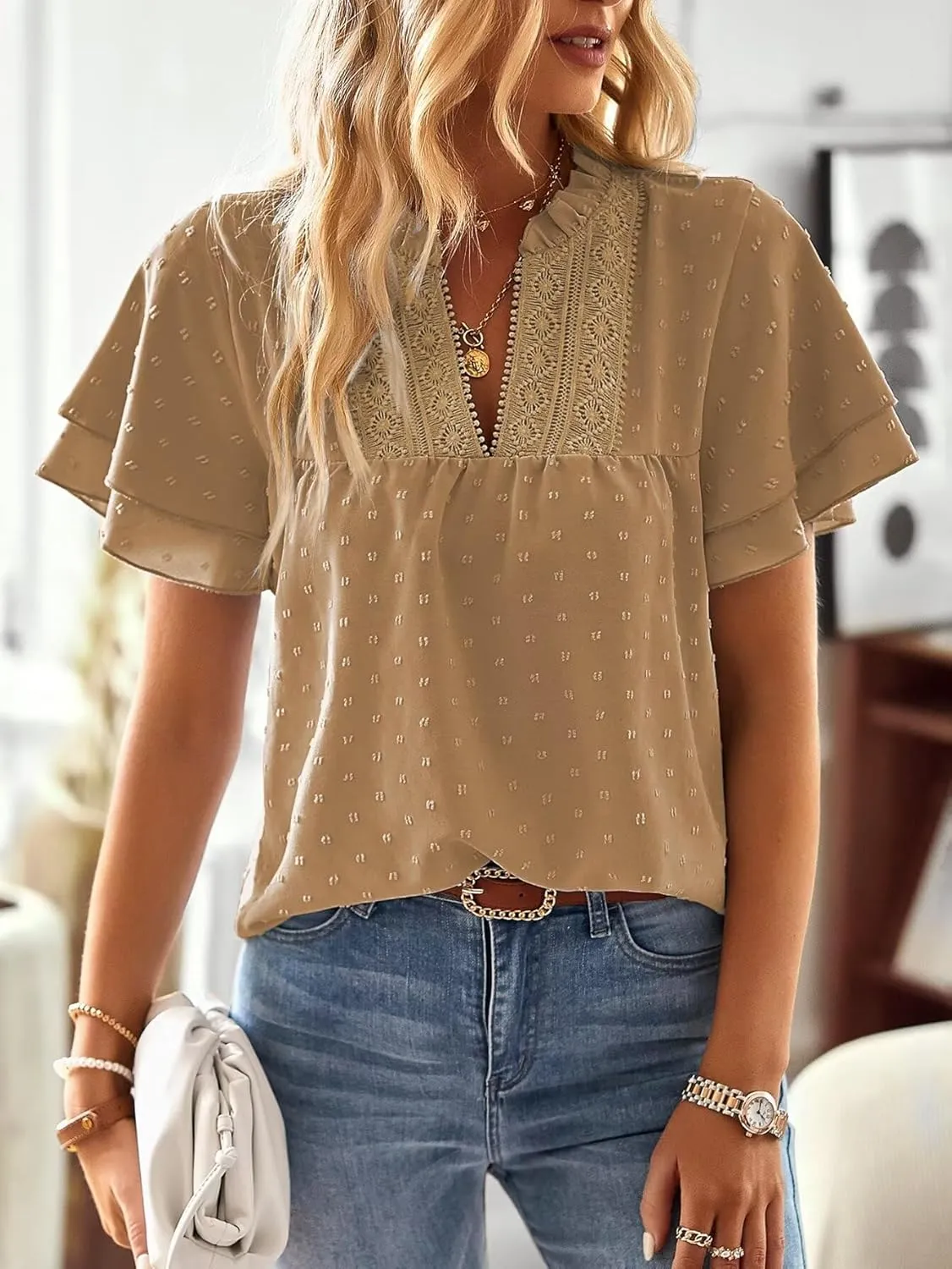 Womens Tops Butterfly Sleeve V Neck Blouses for Women Dressy Casual Flowy Swiss Dot Ruffle Short Sleeve Shirts