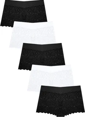Womens Underwear Lace Boy Shorts Breathable Panties Stretch Cotton Waistband Underwear Women 5 Pack